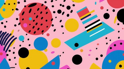 A vibrant abstract design featuring colorful shapes and patterns on a pink background, perfect for graphic resources.