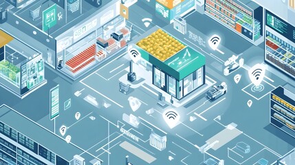 A graphic depicting the of IoT powered security and surveillance systems within a contemporary fresh market or grocery setting