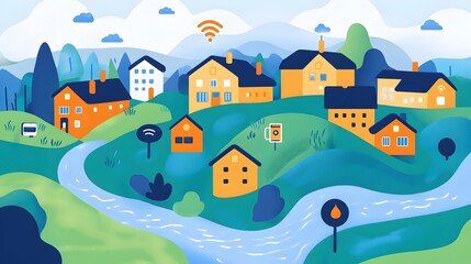 Detailed graphic of IoT powered flood sensor devices monitoring water levels in rivers and streams part of a smart environmental infrastructure and analytics system