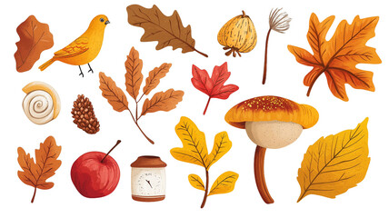 Obraz premium illustration, set of autumn objects, isolated on transparent background. Forest design element for poster, school, education. Tree leaves, mushroom, fruits, apples etc. Typical autumn colors.