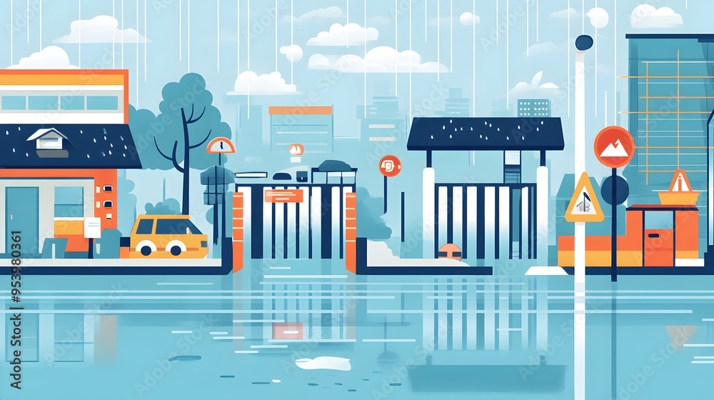 Poster innovative graphic showcasing iot enabled automated gates and barriers designed for efficient flood 