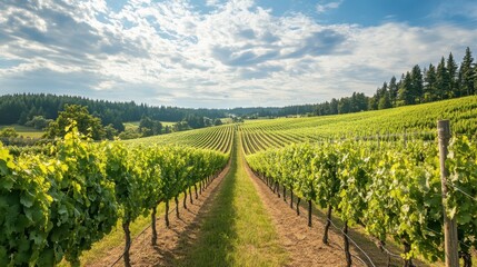 Naklejka premium Scenic vineyard landscape with lush green vines under a blue sky with clouds. Ideal for wine, agriculture, and nature themes.