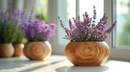 Fototapeta premium Lavender bouquet in wooden vase on window sill. Home interior and relaxation concept