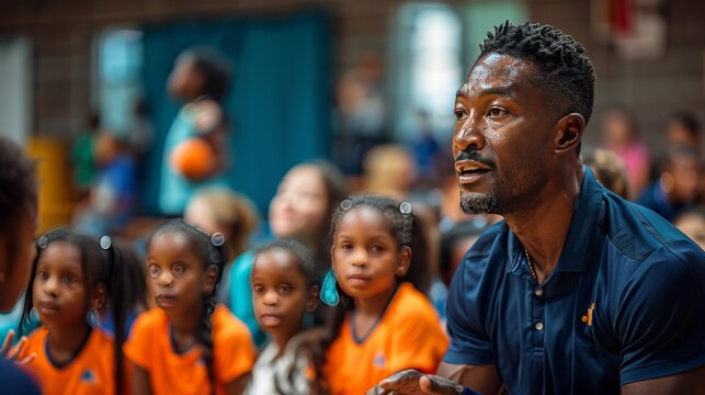 African American Coach Giving Team Talk to Young Athletes at Basketball Court