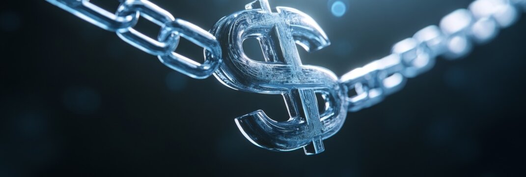 A close-up shot of a metallic chain with a large dollar sign as a link, symbolizing the interconnected nature of finance, the strength of economic ties, and the potential for both stability and vulner