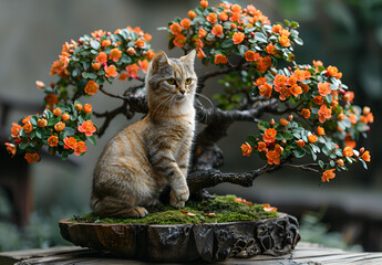 a cat sitting on a tree on orange color flower