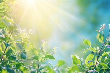 Obraz premium Sunlight shining through lush green leaves, creating a bright and vibrant atmosphere of freshness and growth 