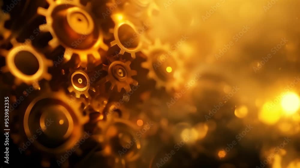 Poster close-up of golden gears in warm light, symbolizing precision engineering and mechanical innovation.