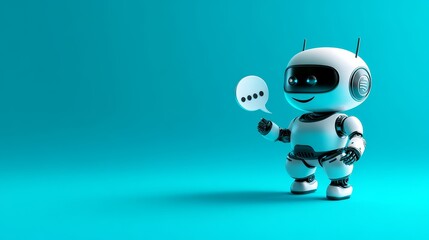 A friendly, cartoon-style white robot with blue eyes holds a speech bubble, symbolizing communication, artificial intelligence, customer service, technology, and future innovation.