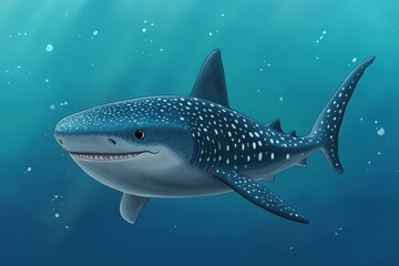 Naklejka premium A friendly cartoon whale shark swims through clear blue water, its spotted body and gentle expression convey a sense of peace and tranquility. It symbolizes the beauty of the ocean, marine life, and 