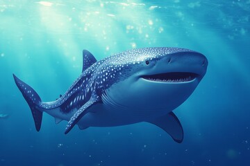 Fototapeta premium A friendly whale shark swims gracefully through the ocean, its large mouth open in a gentle smile. Its blue-grey skin is adorned with white spots, creating a stunning pattern. The sun shines through t