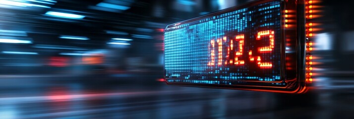 A futuristic digital scoreboard displays the score of an esports tournament, creating a dynamic and engaging atmosphere. The scoreboard features a glowing red display with a blue background, surrounde