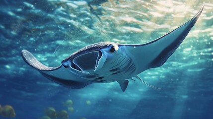 A graceful manta ray glides effortlessly through the water, its large, wing-like fins creating a mesmerizing display of movement. The ray's dark, spotted body stands out against the vibrant blue backg