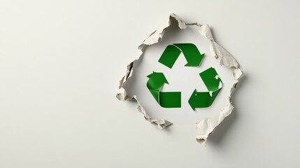 A green recycling symbol is visible through a torn hole in a white sheet of paper. This image symbolizes sustainability, environmental consciousness, and the importance of reducing waste.