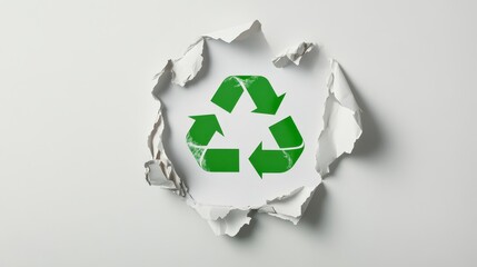 A green recycling symbol is visible through a torn hole in a white piece of paper. The symbol represents the importance of recycling and sustainability.