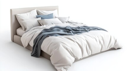 Obraz premium A luxurious bedroom setting with a plush duvet cover and decorative pillows. The white bedding creates a sense of calm and relaxation, while the blue throw adds a touch of sophistication. The overall 