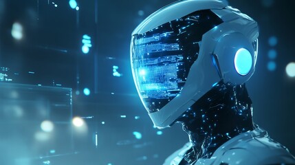 A futuristic AI robot with a glowing blue helmet, symbolizing advanced technology, innovation, data analysis, strategic decision-making, and the future of business consulting.