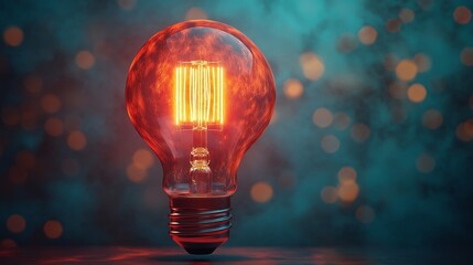 Illuminated Light Bulb with Glowing Filament Against a Soft Bokeh Background in Orange and Blue Tones, Symbolizing Innovation and Bright Ideas