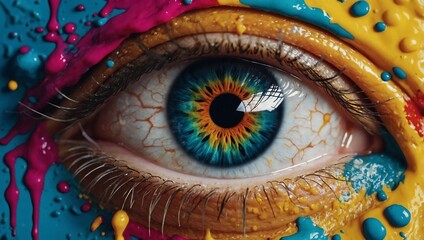 An eye-catching illustration of an eye within a diamond shape, surrounded by colorful splashes.