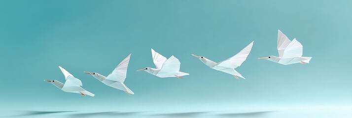Naklejka premium A minimalist image of six white origami birds flying in a zigzag pattern against a pale blue background. The birds symbolize freedom, hope, peace, creativity, and the beauty of simplicity.