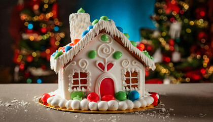 A Santa Claus-themed gingerbread house decorated with colorful icing, candies, and festive details, set on a holiday-themed table.