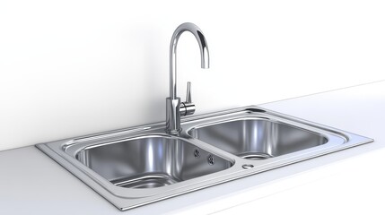 A modern double kitchen sink with a chrome faucet isolated on a white background. This sink is perfect for any kitchen and is easy to clean. The chrome faucet provides a sleek and stylish look.
