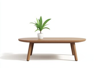 A modern wooden coffee table with a simple, minimalist design. The table has an oval top and four slender legs. A small plant in a white pot sits on the table. The image symbolizes simplicity, natural
