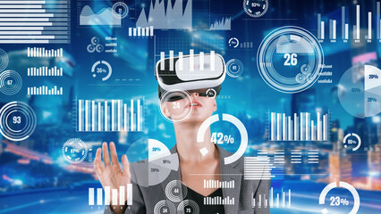 Woman pressing start opening VR analyze financial business at office uploading transform to interface digital infographic network technology virtual 3d animation meta programing at front. Contraption.