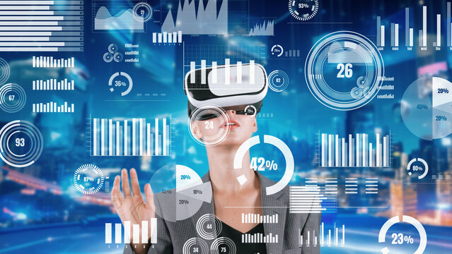 Woman pressing start opening VR analyze financial business at office uploading transform to interface digital infographic network technology virtual 3d animation meta programing at front. Contraption.