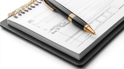 A photorealistic image of a black spiral bound budget planner notebook open to a blank page with a gold pen lying on top. It is isolated on a white background, symbolizing organization, financial plan