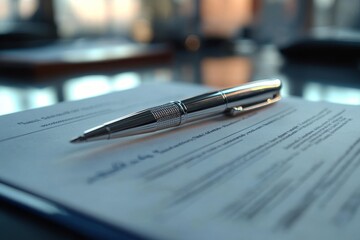 A silver pen rests on a legal contract, symbolizing agreements, transactions, and the importance of legal documents in finance, business, and law.