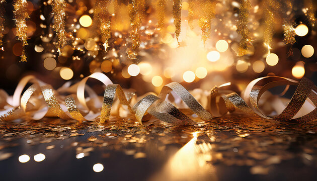 A close-up of a glittering New Year's Eve party backdrop with shimmering metallic streamers and sparkles, creating a glamorous and festive atmosphere.