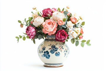 A stunning bouquet of pink, white, and red flowers arranged in a classic, hand-painted ceramic vase. The flowers symbolize beauty, love, grace, and elegance, creating a sense of warmth and joy.