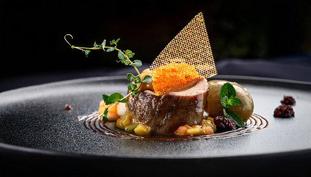 A close-up of a perfectly plated gourmet dish with intricate food presentation, set against a dark, elegant background to highlight the dish's details.