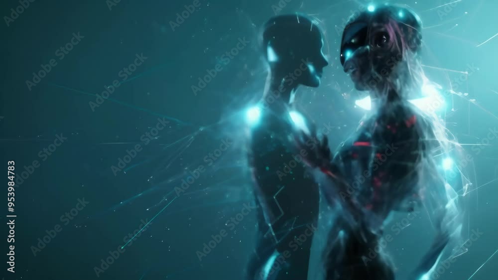 Poster two human figures in a digital abstract form, symbolizing the connection between ai and human emotio