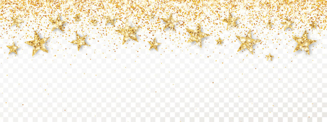 Holiday celebration background. Golden glitter stars decoration isolated. Frame for Christmas, birthday, wedding invitations, party posters. Transparent background can be removed in vector file.