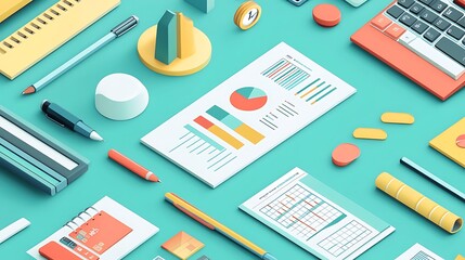 Colorful Office Supplies and Charts on a Teal Surface