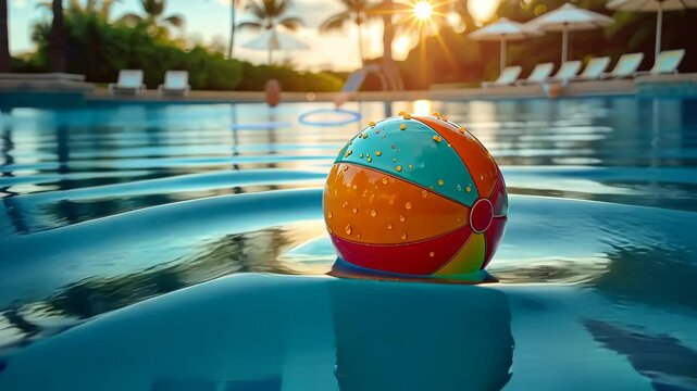 Colorful beach ball floating in resort pool at sunset