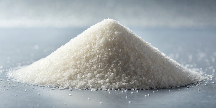 A small, delicate mountain of white granulated sugar stands isolated on a clean, bright, and minimalist background,