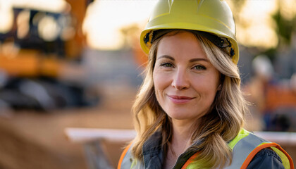 A headshot of a construction worker in a hard hat and reflective vest, with a softly blurred construction site background. 