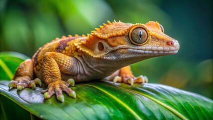 Naklejka premium A small, nocturnal, prehensile-tailed Crested Gecko perches on a leaf, displaying vibrant, mottled skin and a