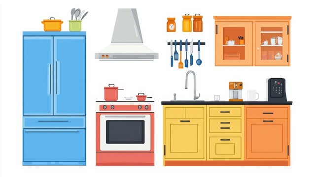 This illustration features a set of flat cartoon kitchen cabinets, including a refrigerator, stove, oven, range hood, kitchen sink, cabinets, and drawers. It is a perfect element for decorating websit