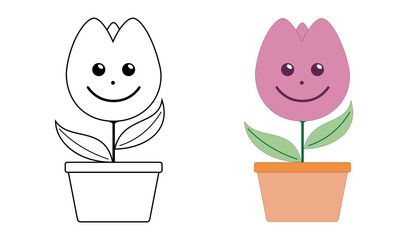Flowerpot. A flower. He is smiling. Illustration
