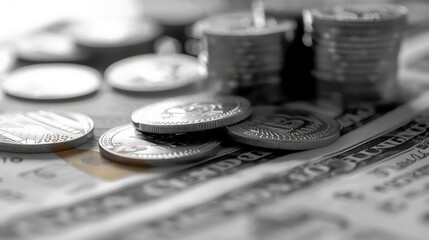 Close-up of silver bitcoins on a dollar bill, with other bitcoins blurred in the background.