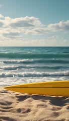 Obraz premium A vibrant surfboard with a blue and yellow design resting on a sandy beach, with gentle waves lapping at the shore under a clear sky.