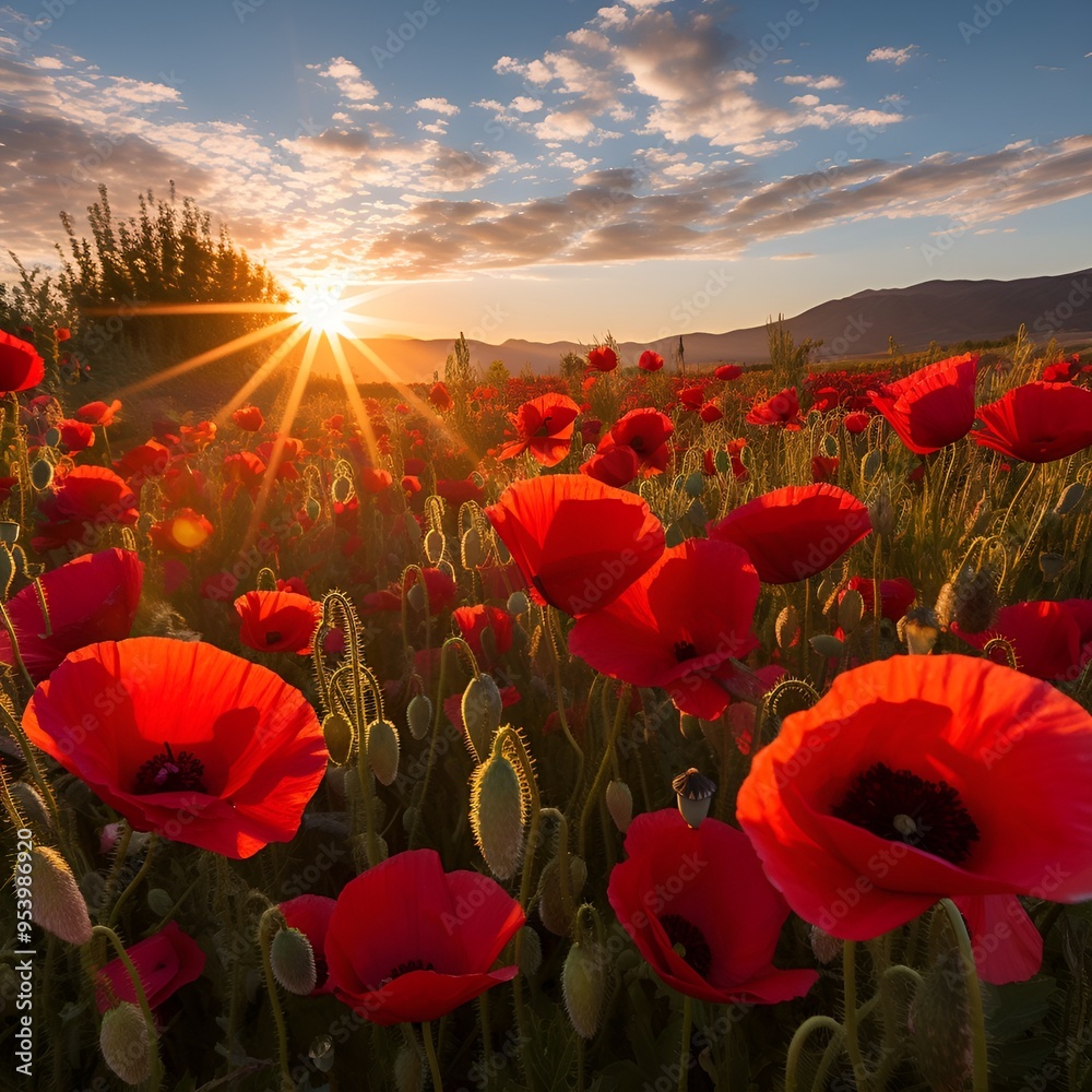 Poster a field of red flowers over the sunset.