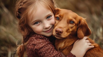 World Redhead Day. Red-haired girl with freckles hugs a red dog. Child's smile.