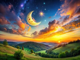 A smiling crescent moon surrounded by stars and clouds gently waves goodbye as the sun sets behind a colorful landscape of rolling hills and trees.