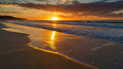 Obraz premium The beautifull scene of an image of sunset at beach reflective sand and golden light of sun reflacting on the sea water.