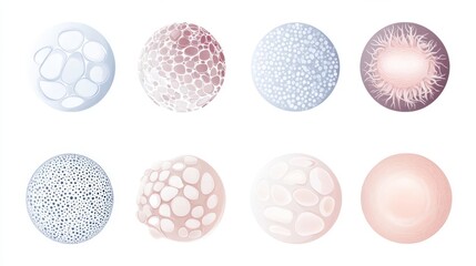 A set of eight round skin textures with various patterns and colors, perfect for dermatology and skincare design purposes.
